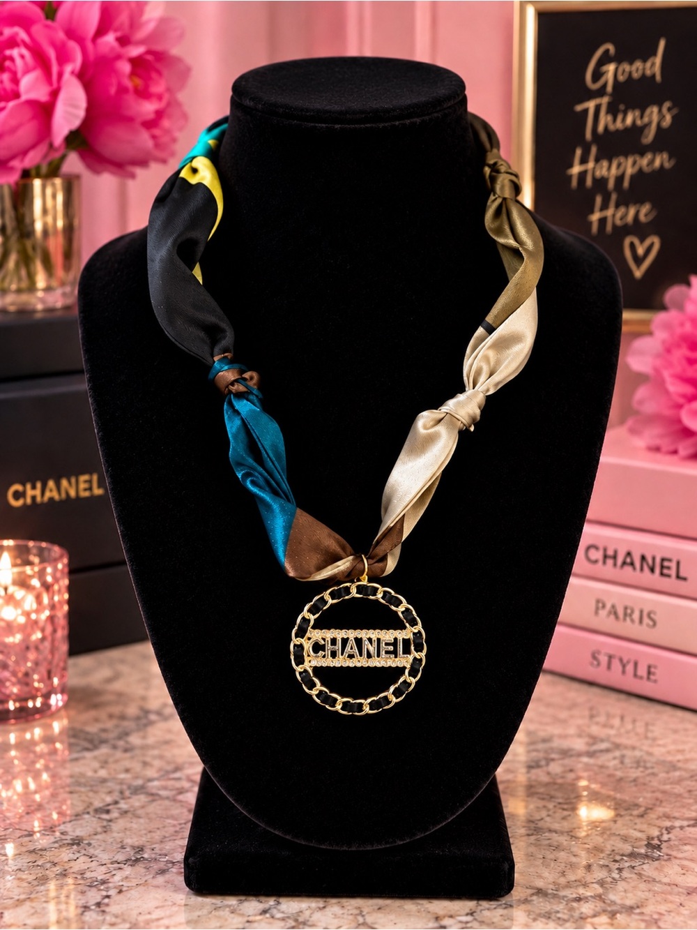 Multicolor Satin Scarf Necklace with Gold tone Logo Circle Pendant